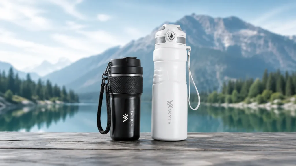 Vaso térmico negro y botella térmica blanca VOLKYTE junto a un lago de montaña