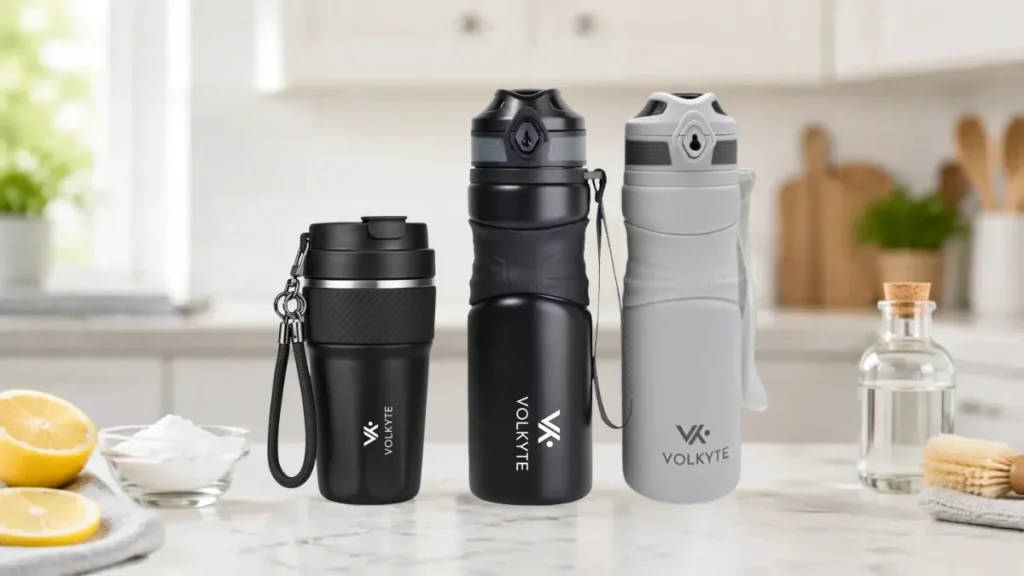 Botellas y termos VOLKYTE junto a limón, bicarbonato y accesorios de limpieza
