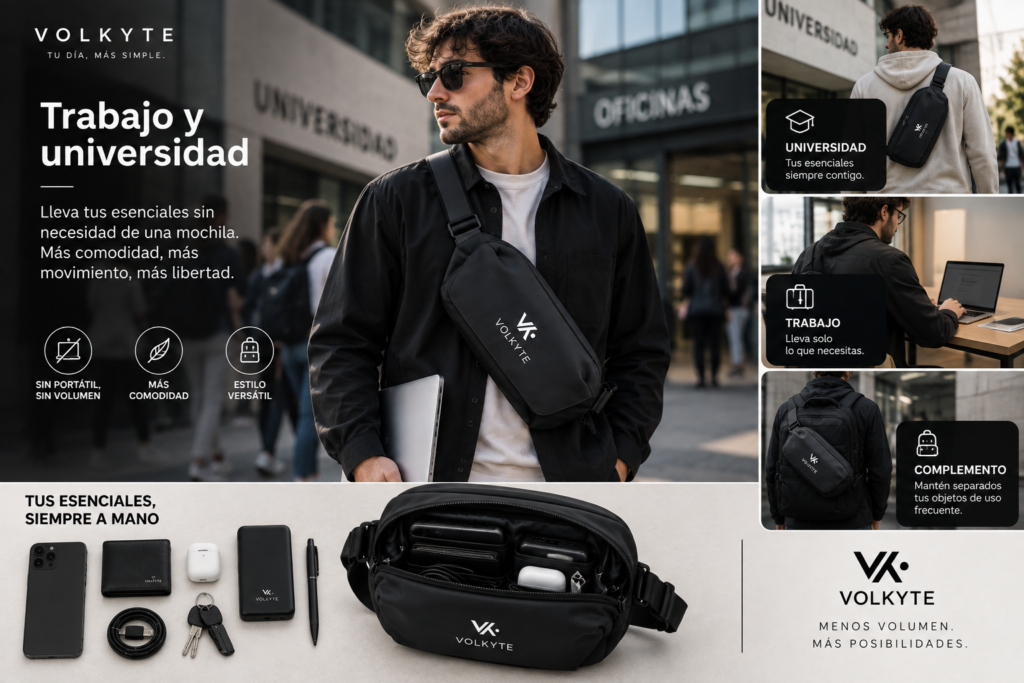 Hombre llevando una bandolera negra VOLKYTE en un entorno de trabajo y universidad, como solución compacta para transportar los objetos esenciales del día a día.