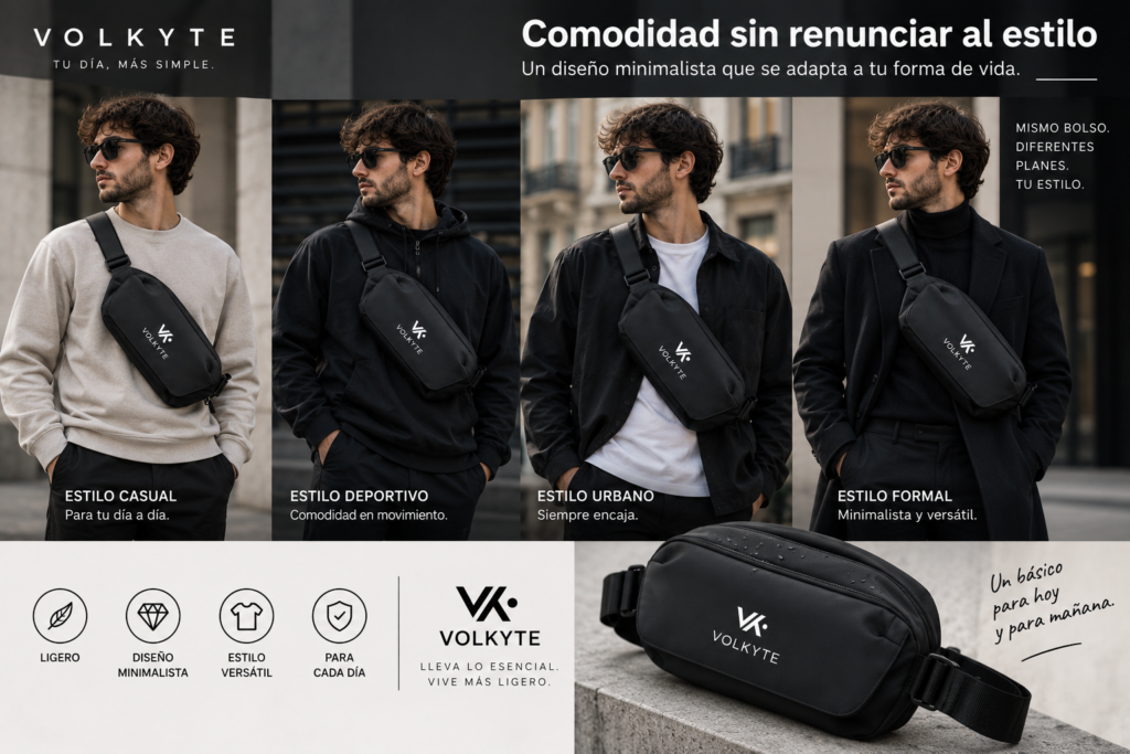 Hombre combinando la bandolera negra VOLKYTE con diferentes estilos de ropa urbana, mostrando su diseño minimalista, versátil y cómodo para el día a día.