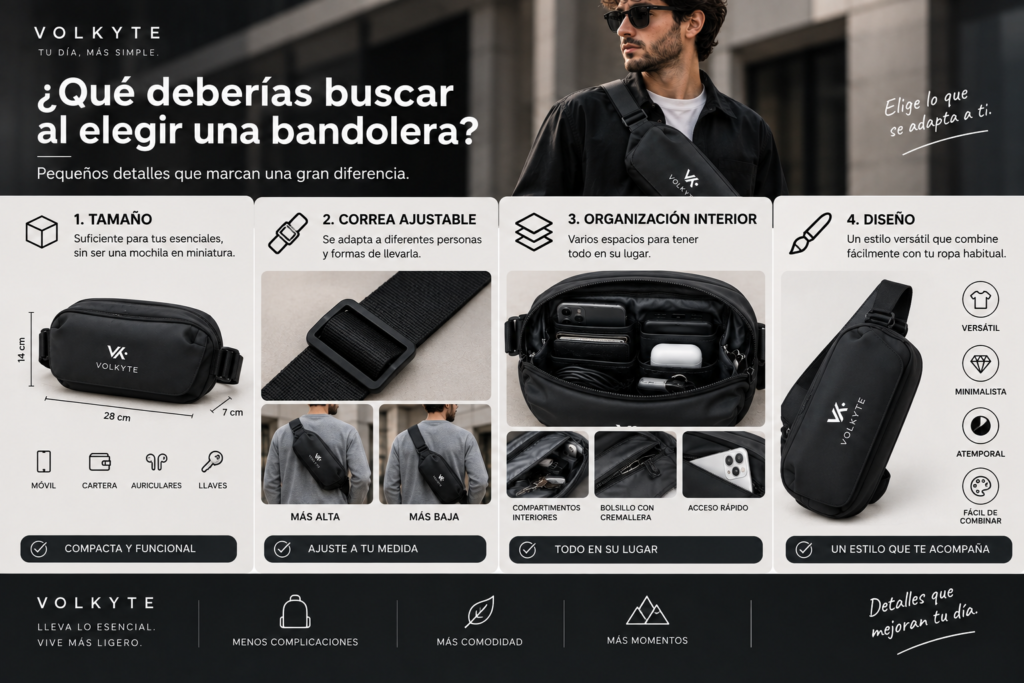 Bandolera negra VOLKYTE con correa ajustable y compartimentos interiores, mostrando su tamaño compacto, organización y diseño minimalista para el día a día.