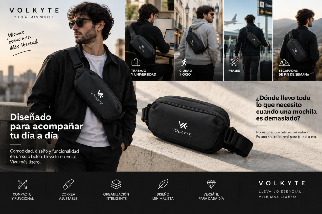 Hombre con bandolera negra VOLKYTE en diferentes situaciones cotidianas, como trabajo, ciudad, viajes y escapadas, mostrando su diseño compacto y versátil.