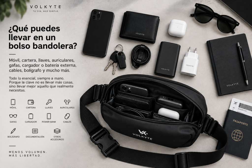 Bandolera negra VOLKYTE abierta y organizada con móvil, cartera, llaves, auriculares, gafas, cargador, batería externa y otros objetos esenciales del día a día.
