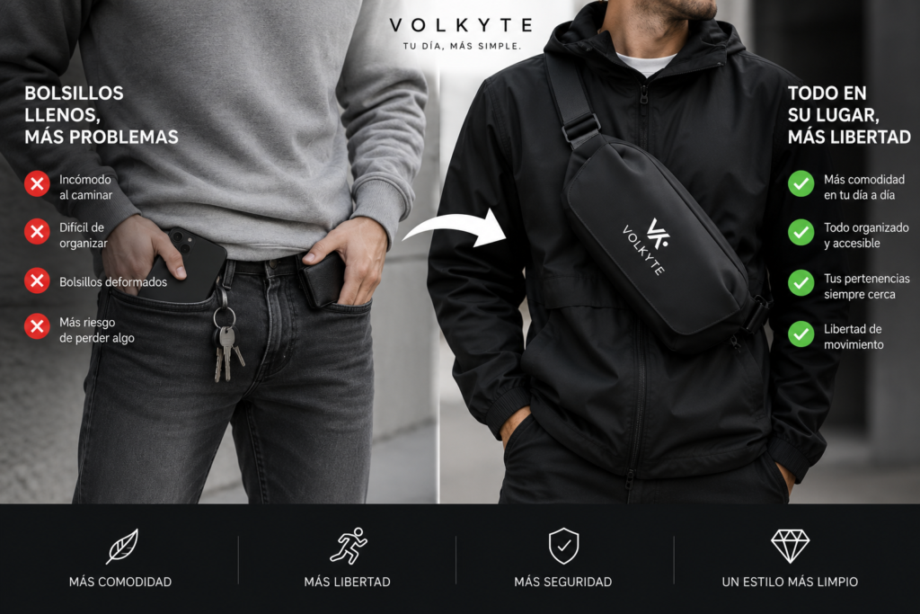 Comparación entre llevar móvil, cartera y llaves en los bolsillos y utilizar una bandolera negra VOLKYTE para mantener los objetos esenciales organizados, accesibles y cerca.
