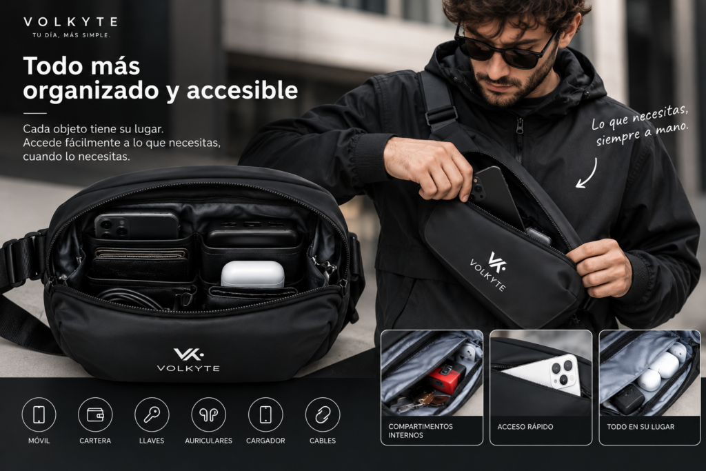 Hombre utilizando una bandolera negra VOLKYTE para guardar y acceder fácilmente al móvil y otros objetos personales organizados en sus compartimentos.