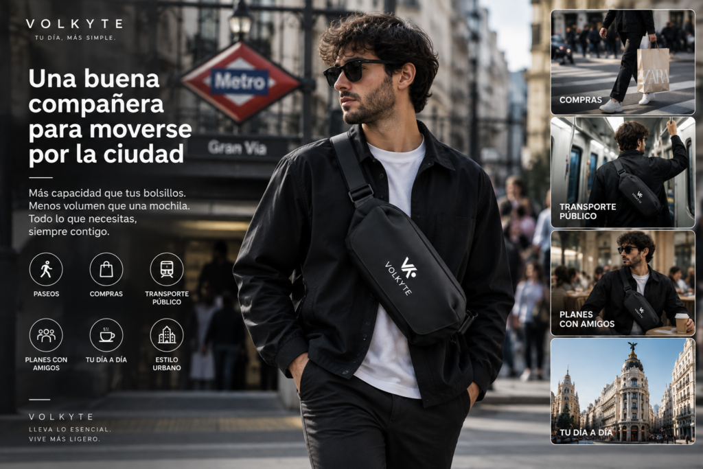 Hombre llevando una bandolera negra VOLKYTE mientras se mueve por la ciudad, ideal para paseos, compras, transporte público y actividades cotidianas.