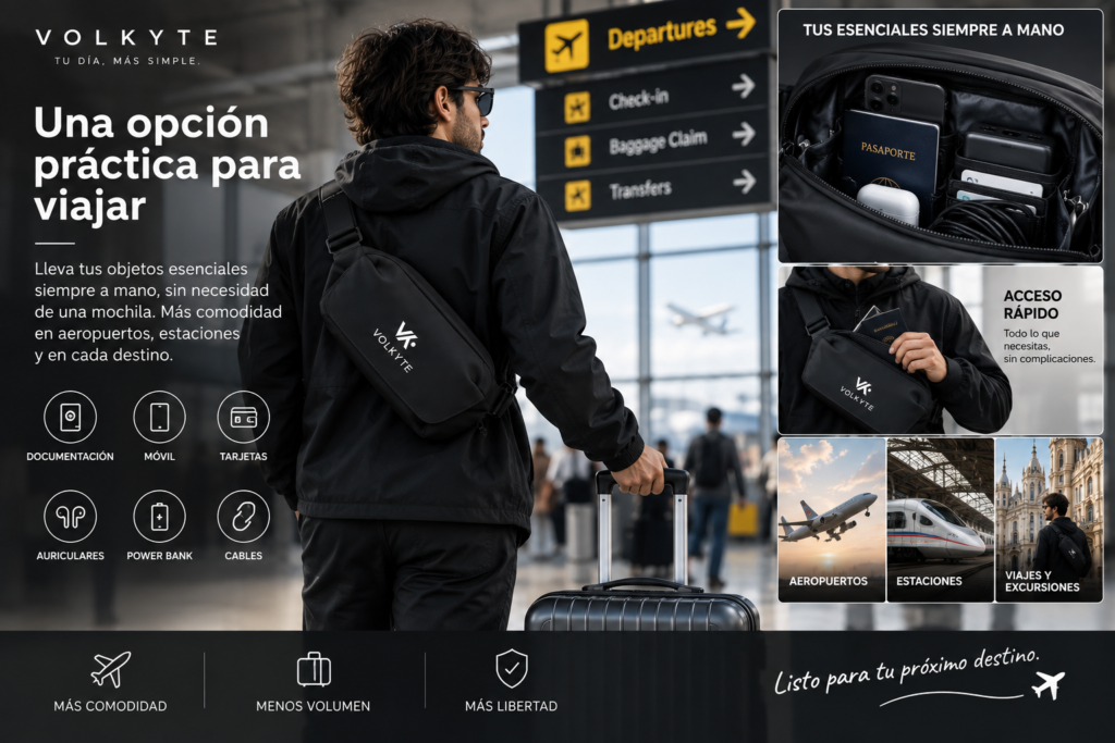 Viajero en un aeropuerto llevando una bandolera negra VOLKYTE con documentación, móvil, tarjetas y otros objetos esenciales organizados y accesibles.